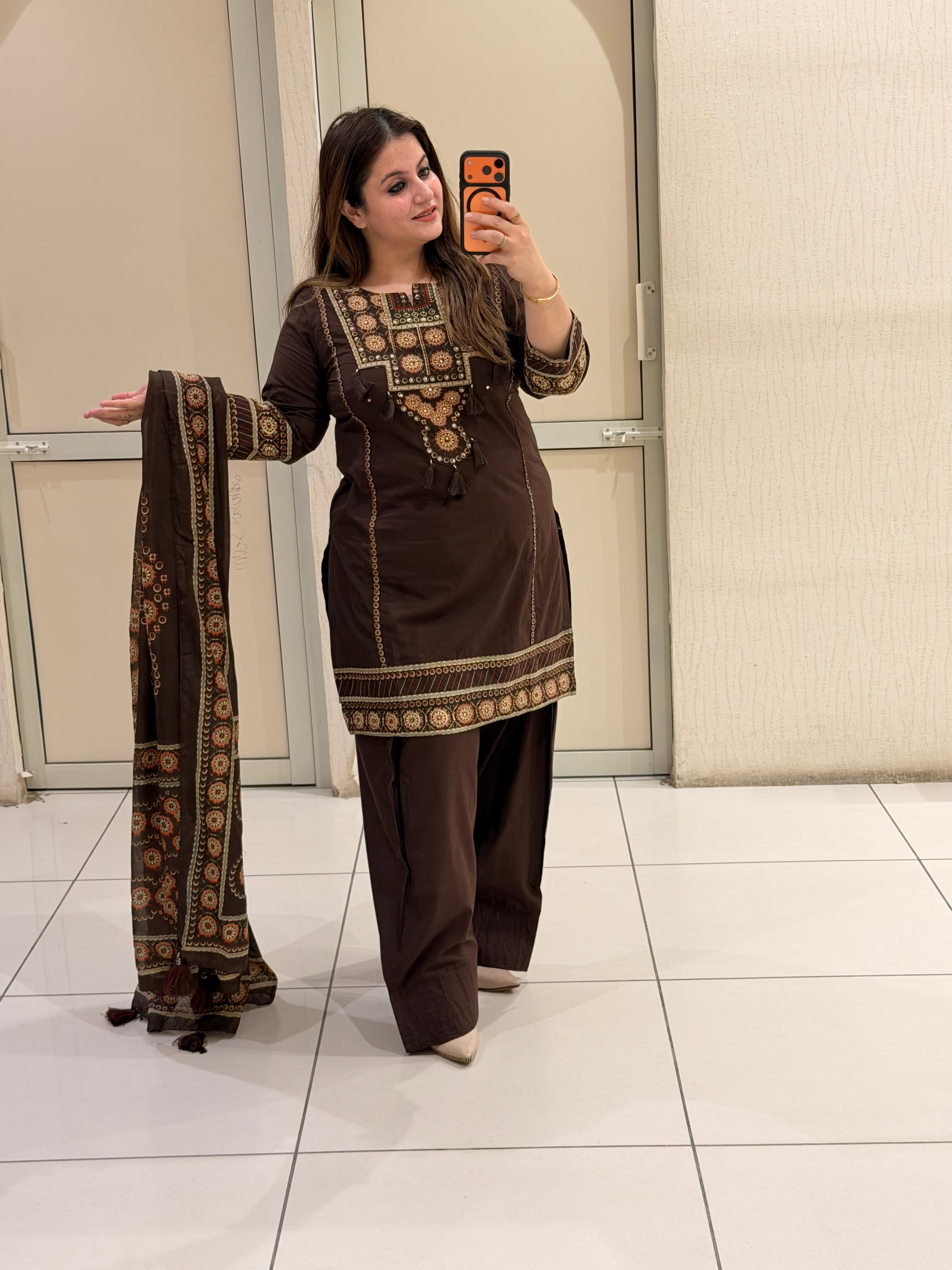 Brown Cotton Printed Farshi Suit Set with Dupatta