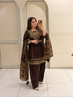 Brown Cotton Printed Farshi Suit Set with Dupatta