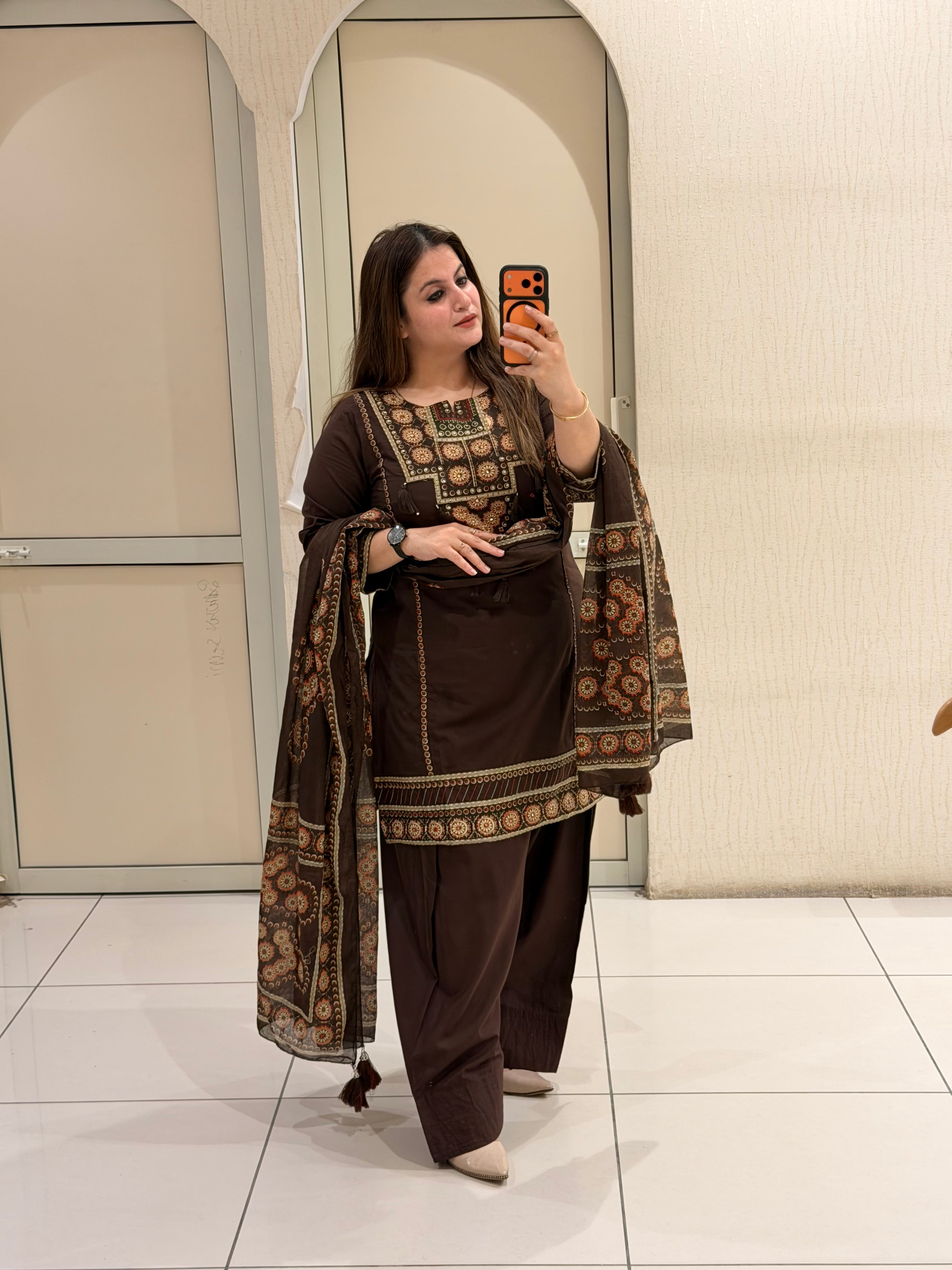 Brown Cotton Printed Farshi Suit Set with Dupatta