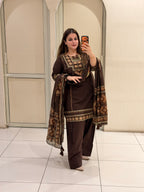 Brown Cotton Printed Farshi Suit Set with Dupatta
