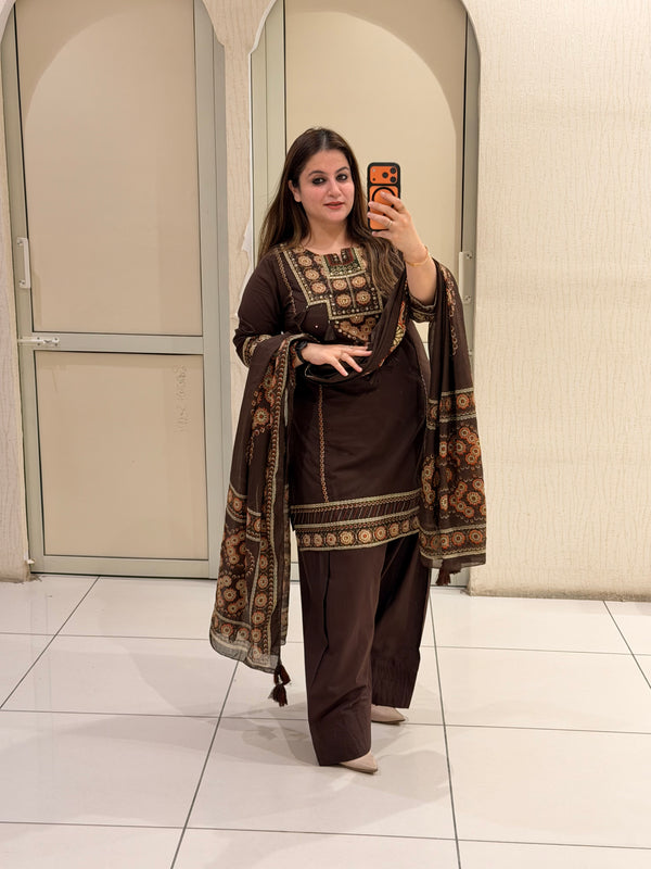 Brown Cotton Printed Farshi Suit Set with Dupatta