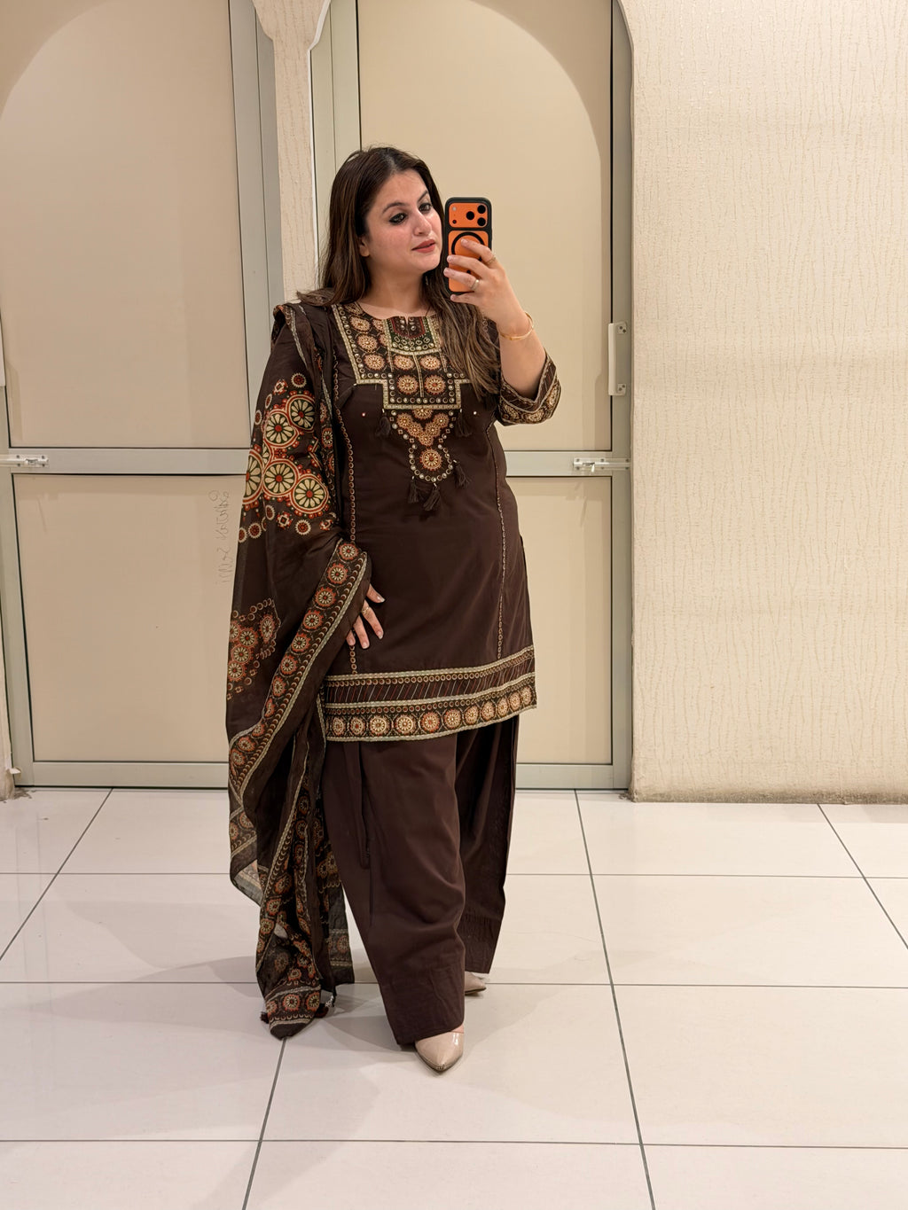 Brown Cotton Printed Farshi Suit Set with Dupatta