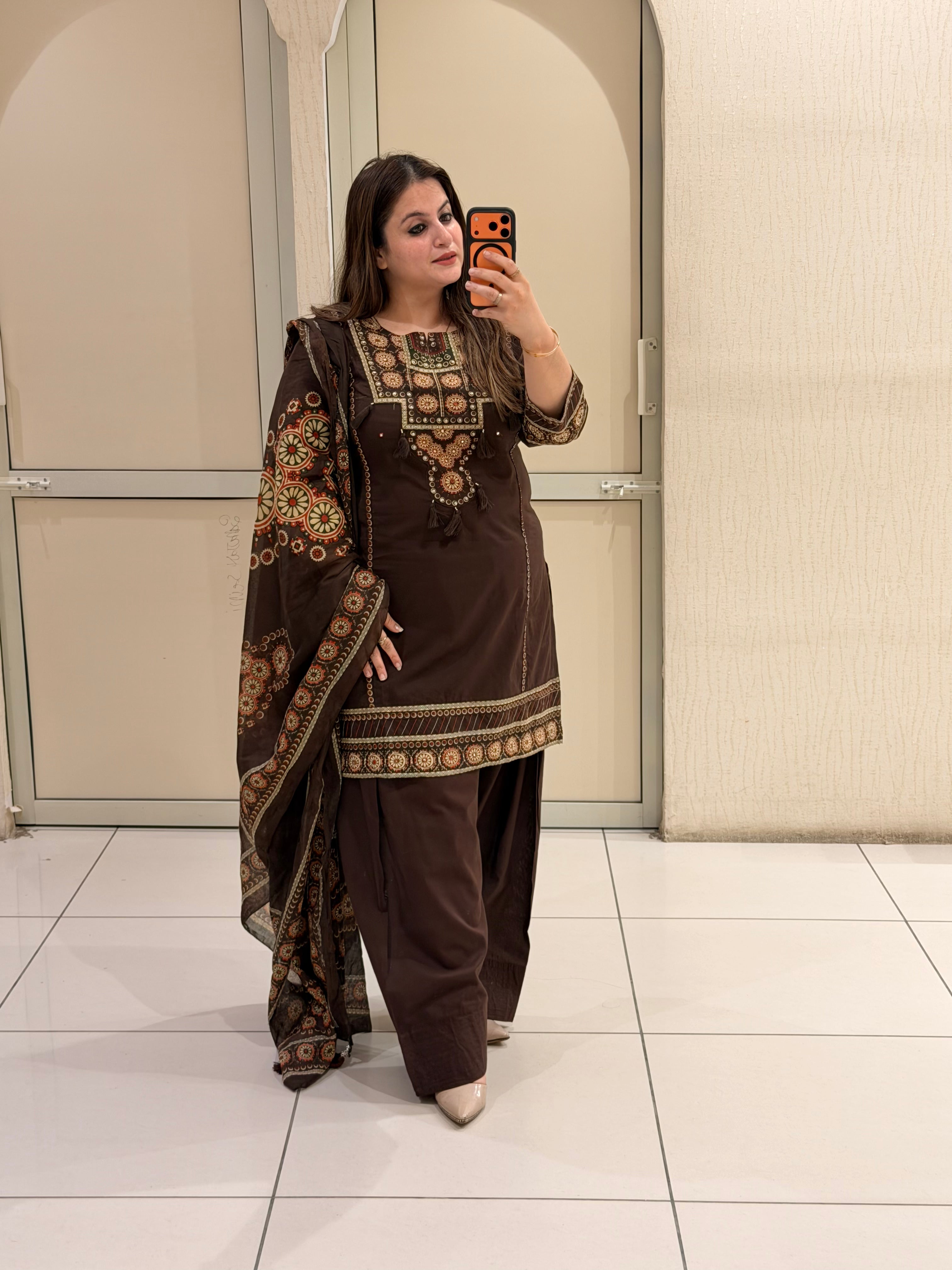 Brown Cotton Printed Farshi Suit Set with Dupatta