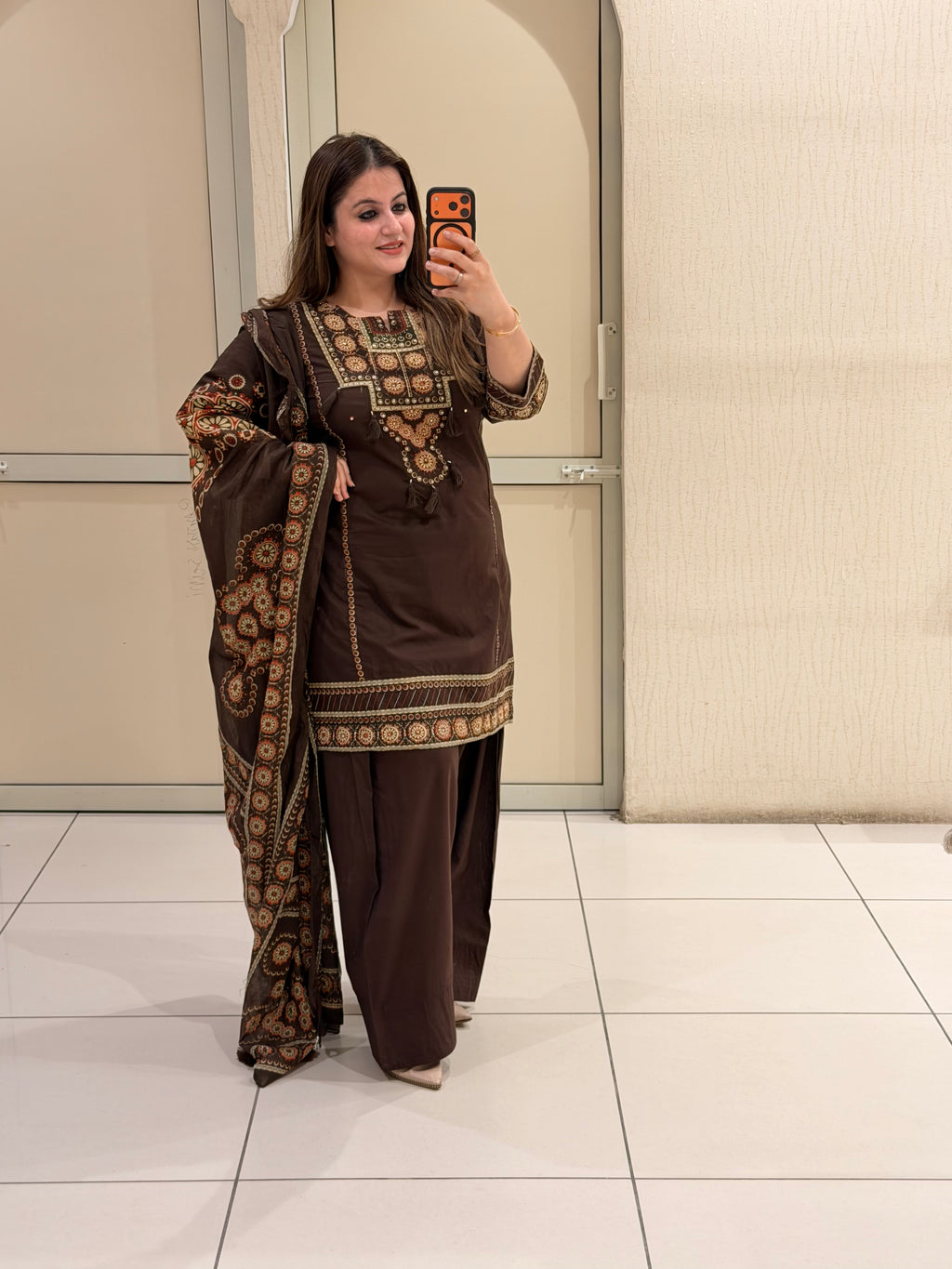 Brown Cotton Printed Farshi Suit Set with Dupatta