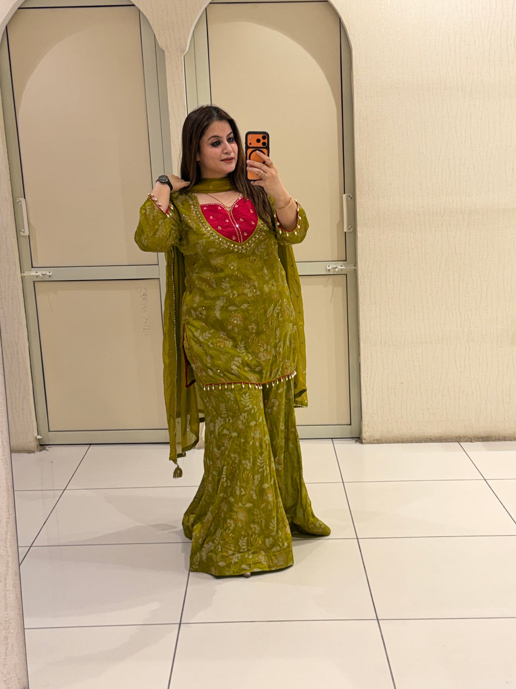 Olive Green Chinon Printed Sharara Suit Set with Dupatta