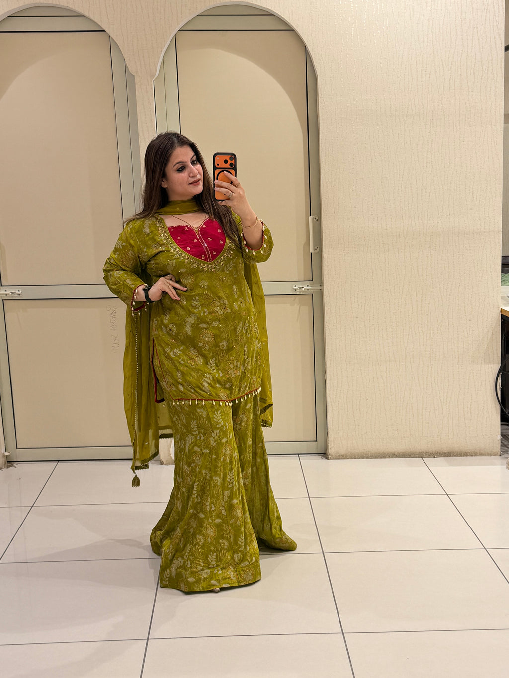 Olive Green Chinon Printed Sharara Suit Set with Dupatta
