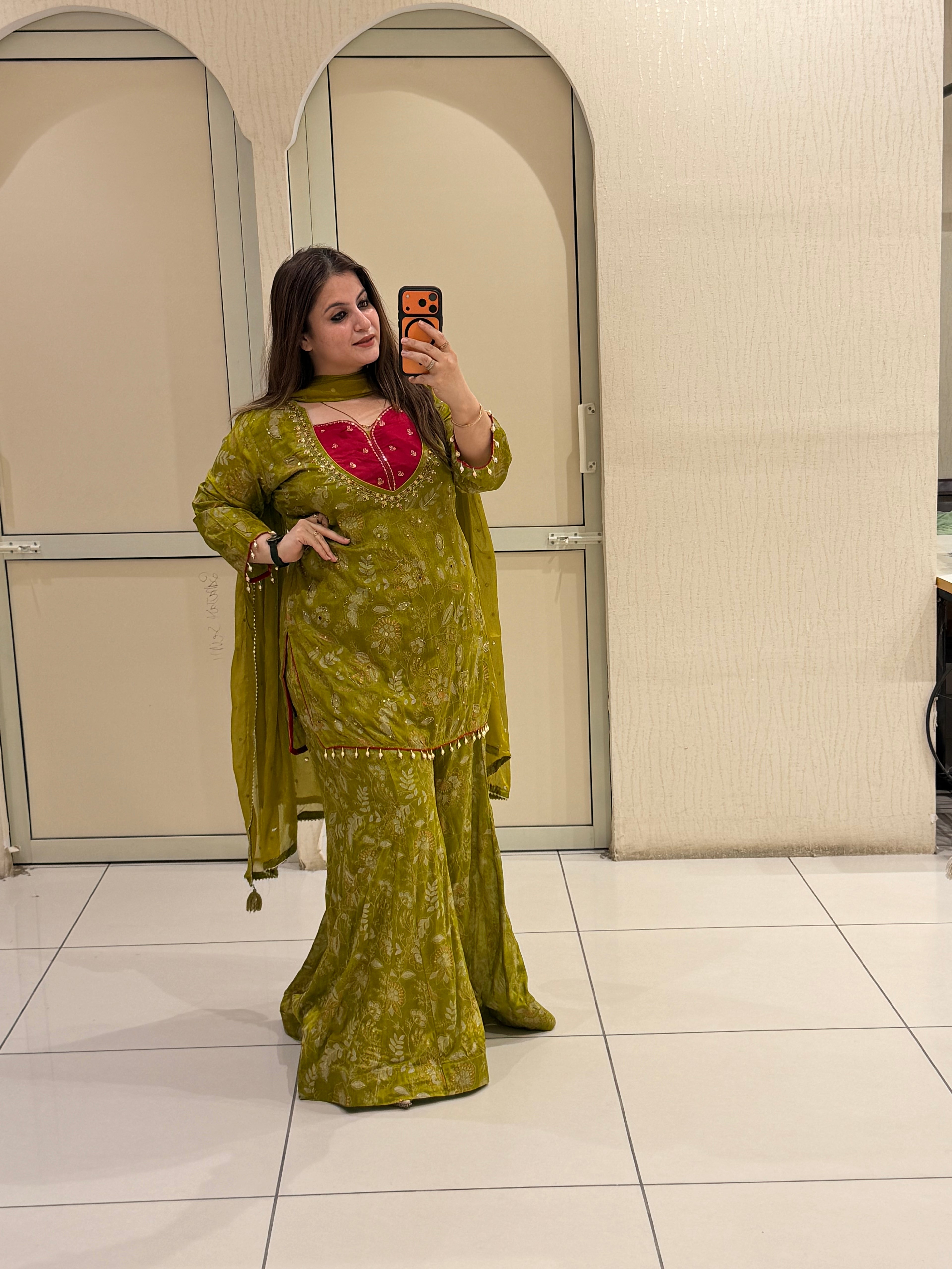 Olive Green Chinon Printed Sharara Suit Set with Dupatta