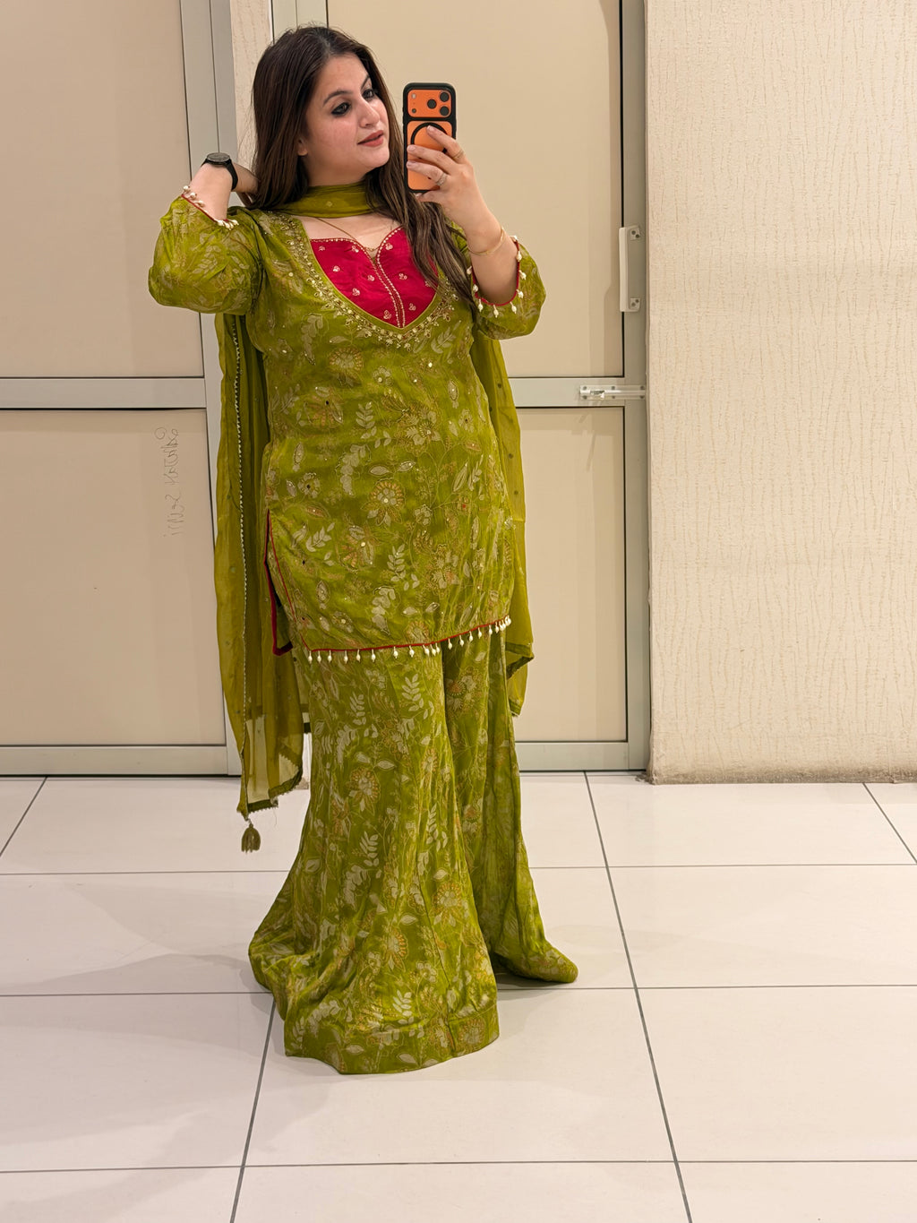 Olive Green Chinon Printed Sharara Suit Set with Dupatta