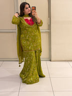 Olive Green Chinon Printed Sharara Suit Set with Dupatta