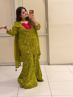Olive Green Chinon Printed Sharara Suit Set with Dupatta