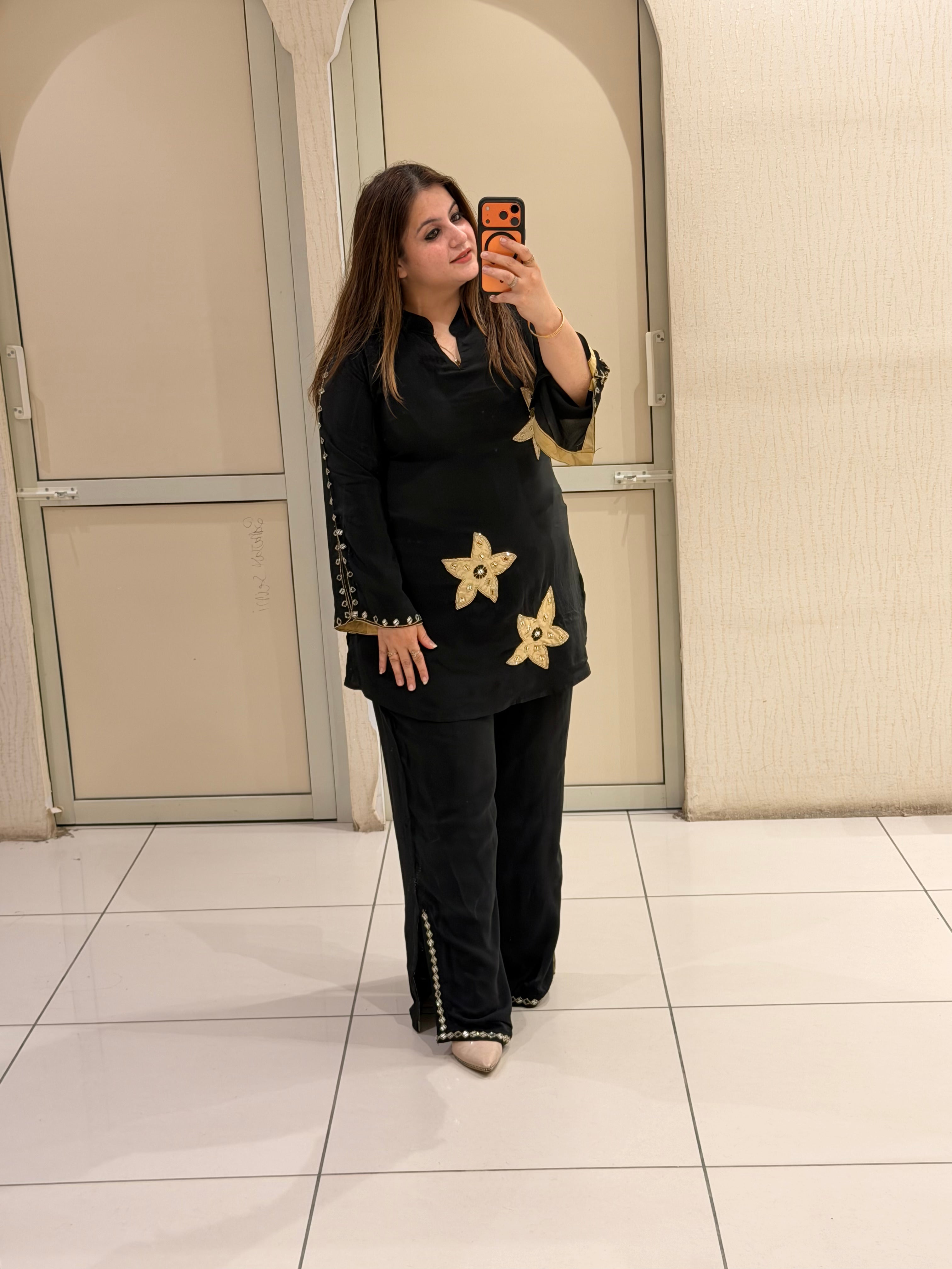 Black Crepe Embroidered Co-ord Set for Women