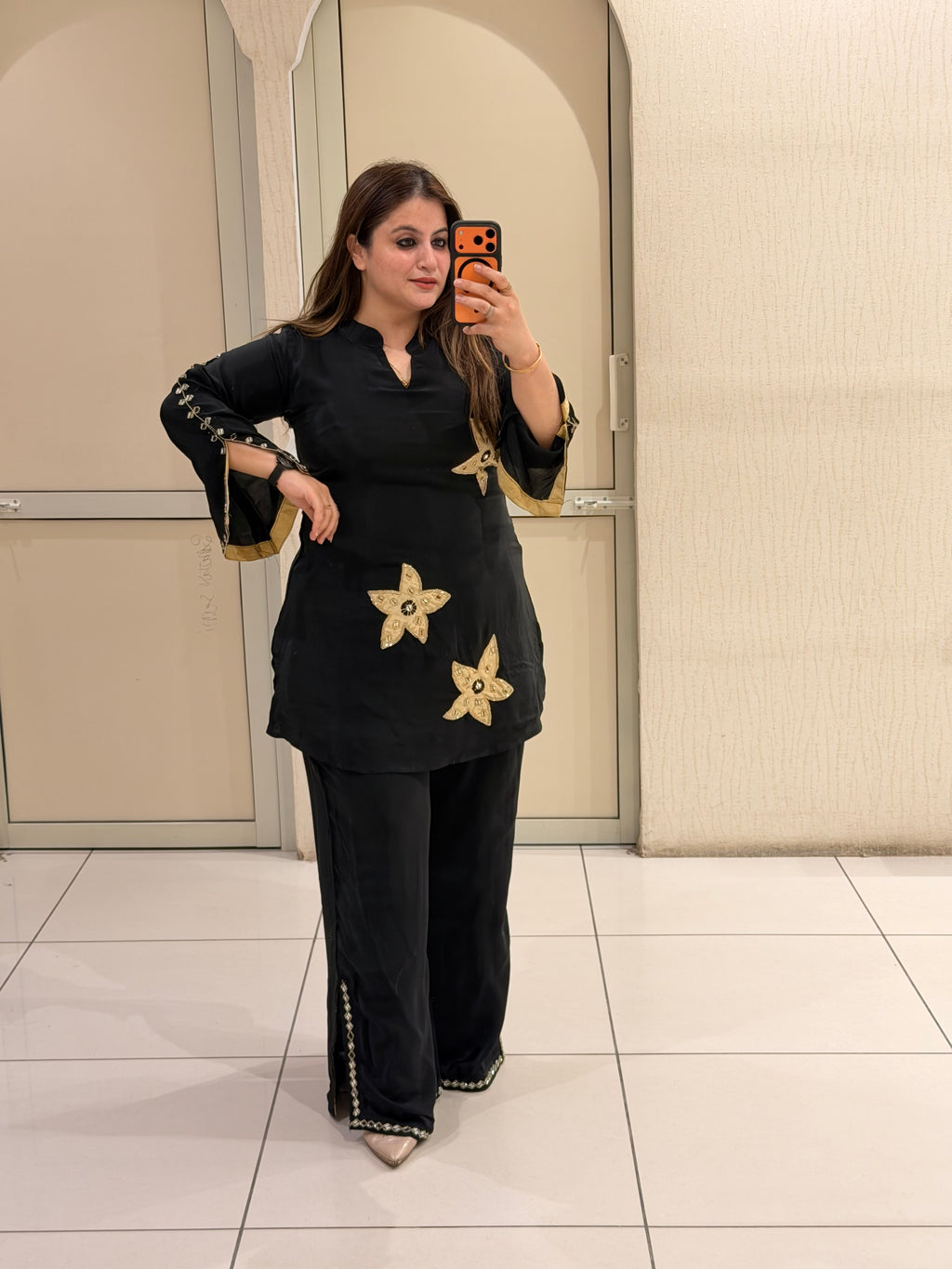 Black Crepe Embroidered Co-ord Set for Women