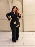 Black Crepe Embroidered Co-ord Set for Women