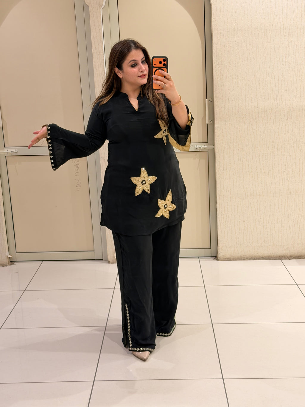 Black Crepe Embroidered Co-ord Set for Women