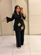 Black Crepe Embroidered Co-ord Set for Women