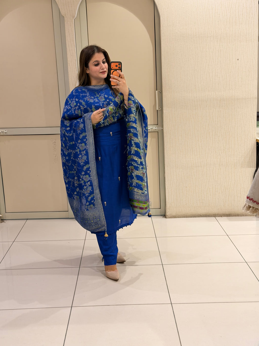 Royal Blue Cotton Floral Designer Suit Set with Dupatta