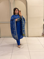 Royal Blue Cotton Floral Designer Suit Set with Dupatta