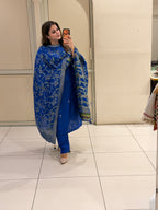 Royal Blue Cotton Floral Designer Suit Set with Dupatta