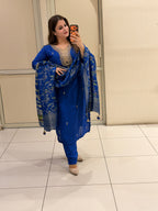 Royal Blue Cotton Floral Designer Suit Set with Dupatta