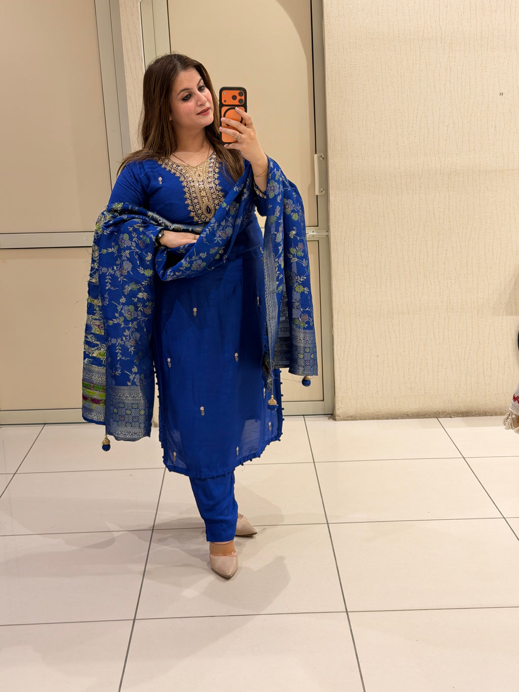Royal Blue Cotton Floral Designer Suit Set with Dupatta