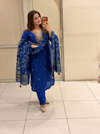 Royal Blue Cotton Floral Designer Suit Set with Dupatta