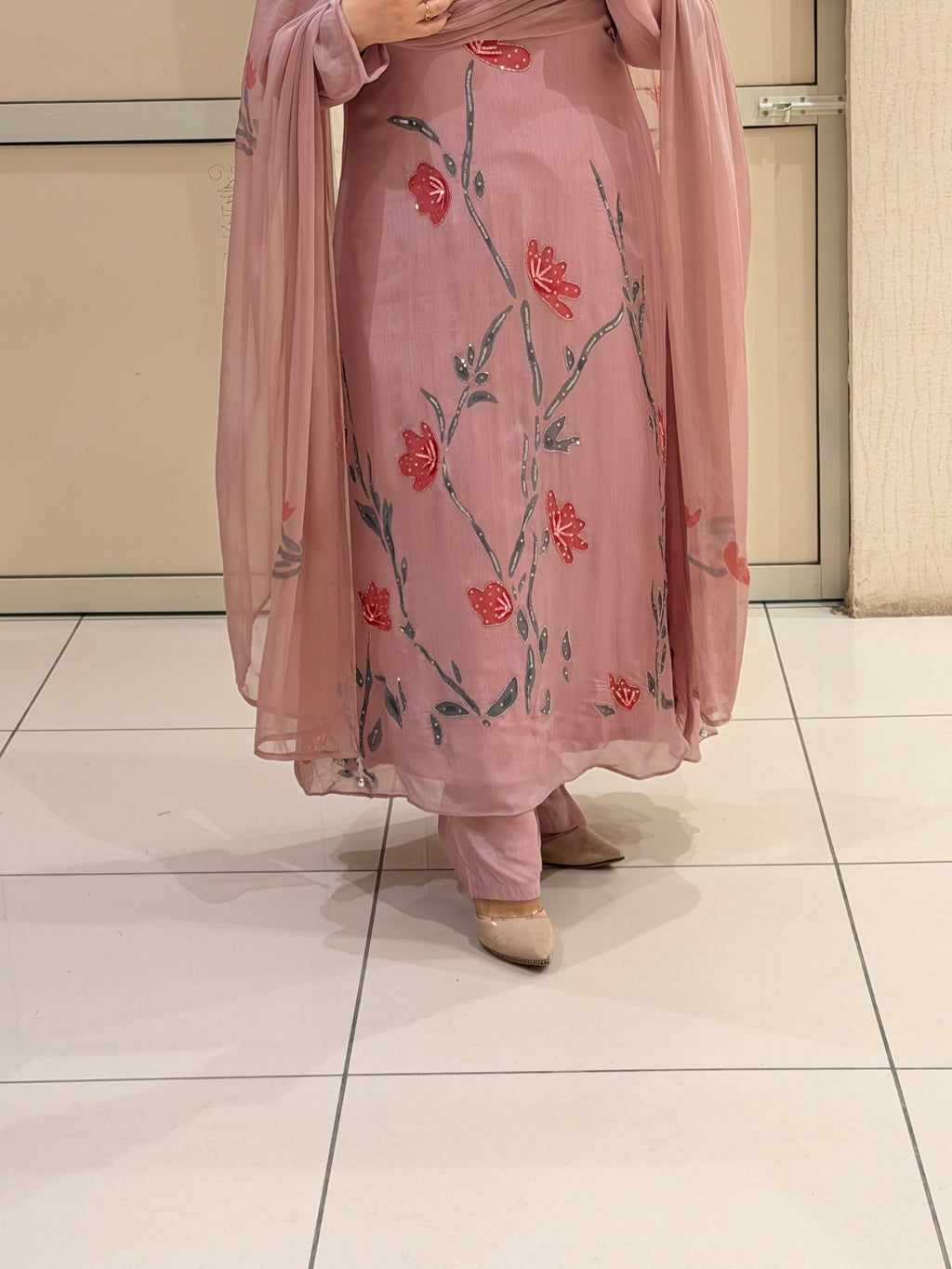 Pink Chinon Floral  Party Wear Suit Set