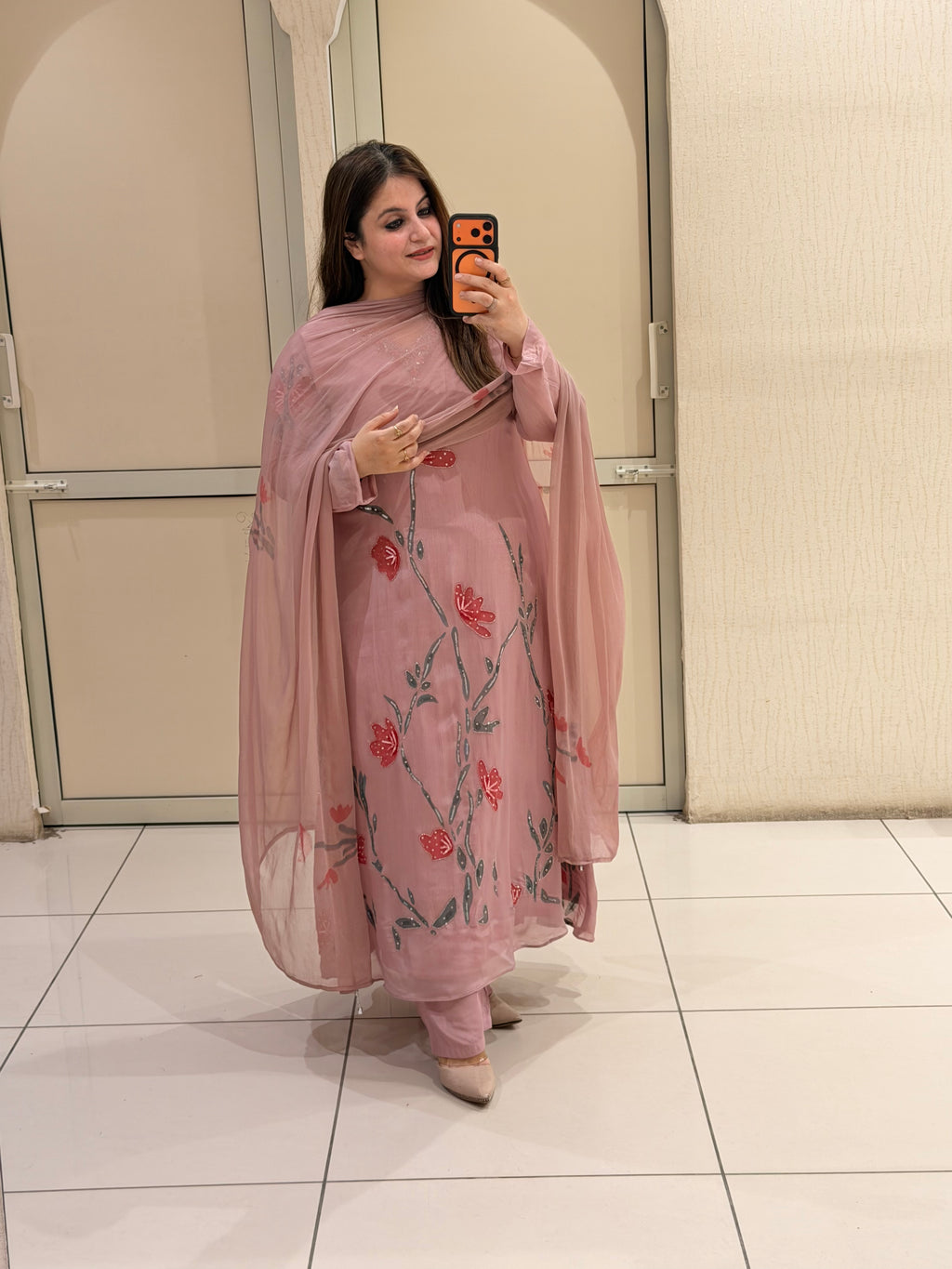 Pink Chinon Floral  Party Wear Suit Set
