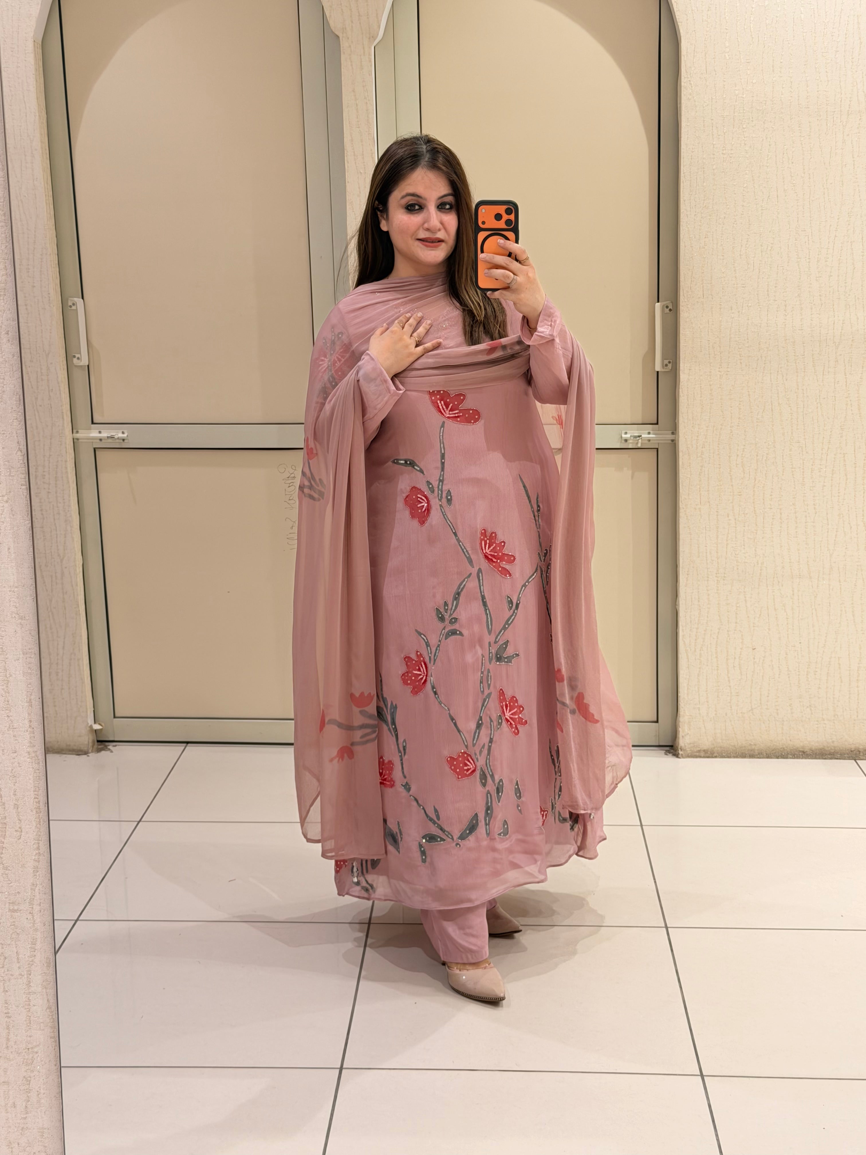 Pink Chinon Floral  Party Wear Suit Set