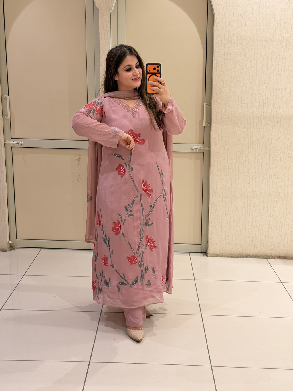 Pink Chinon Floral  Party Wear Suit Set