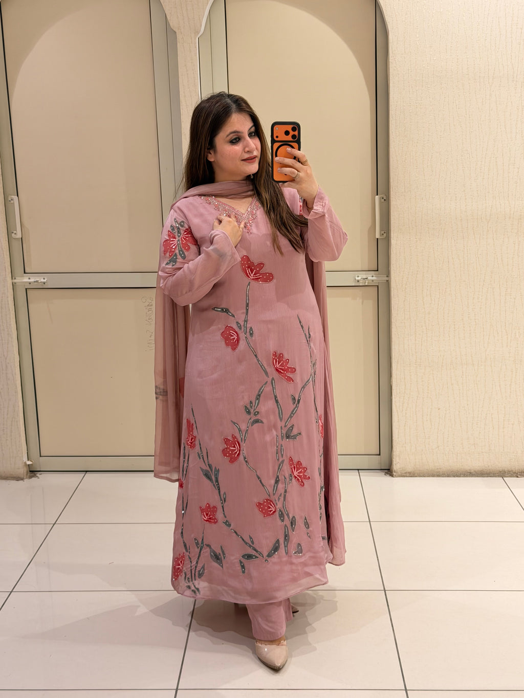 Pink Chinon Floral  Party Wear Suit Set
