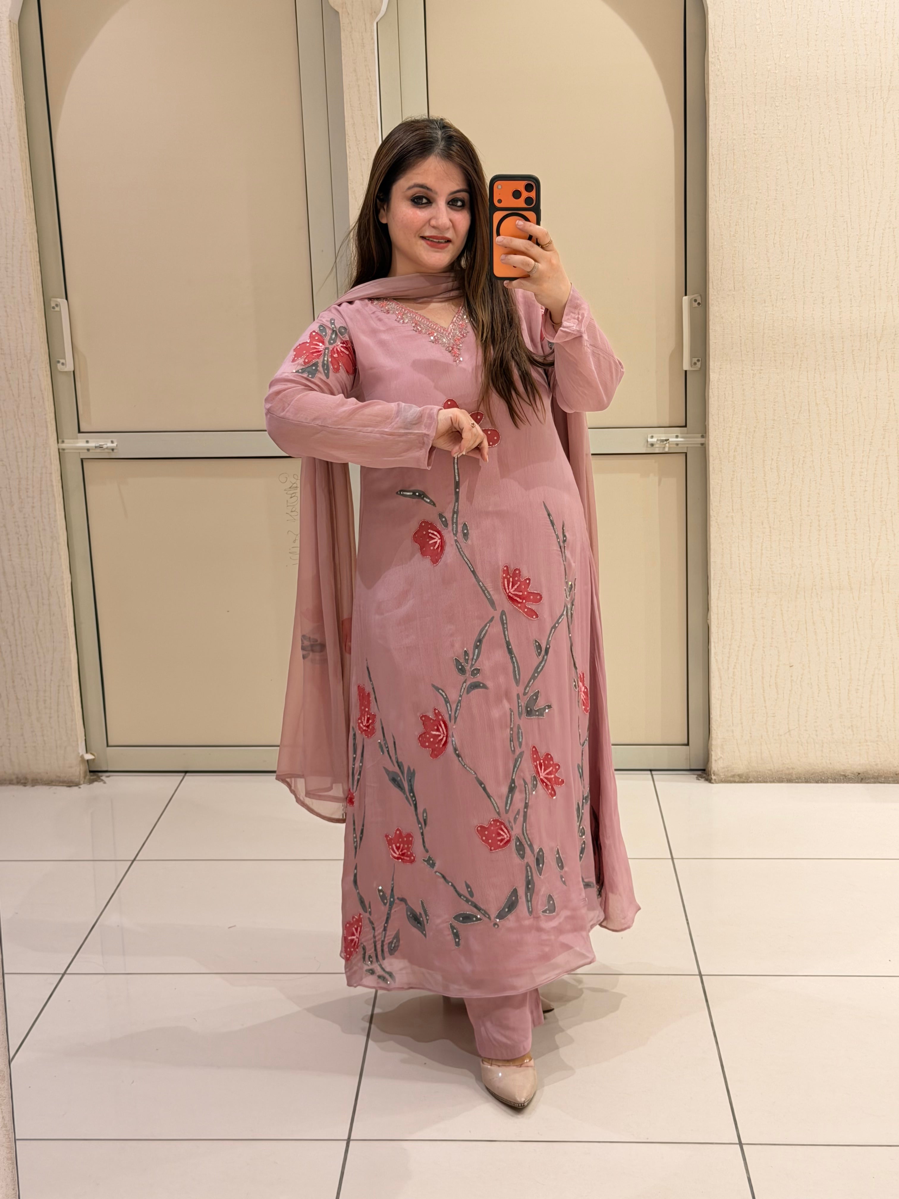 Pink Chinon Floral  Party Wear Suit Set