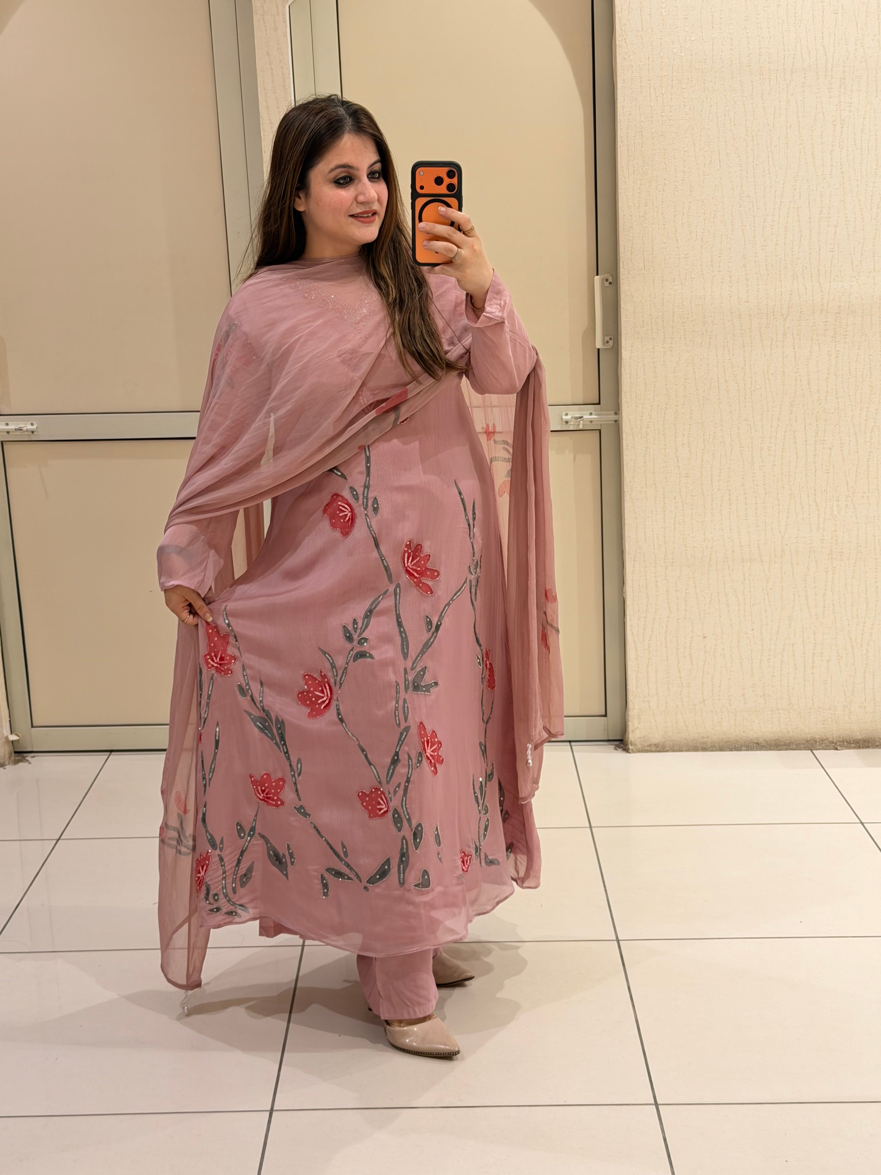 Pink Chinon Floral  Party Wear Suit Set