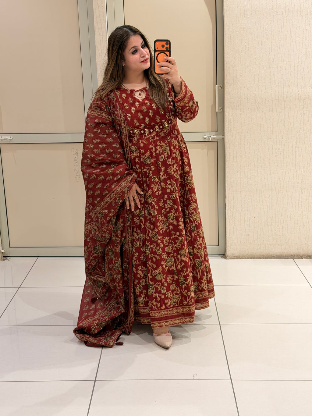 Maroon Cotton Printed Anarkali Suit Set with Dupatta