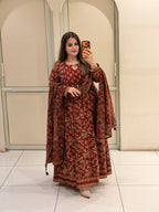Maroon Cotton Printed Anarkali Suit Set with Dupatta