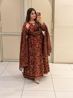 Maroon Cotton Printed Anarkali Suit Set with Dupatta