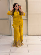 Mustard Yellow Chinon Handwork Two-Piece Co-ord Set