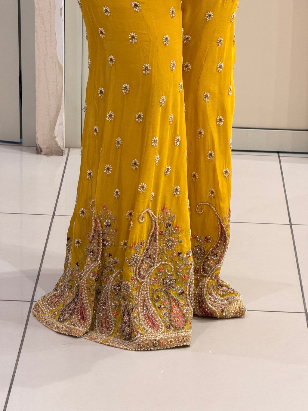 Mustard Yellow Chinon Handwork Two-Piece Co-ord Set