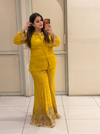 Mustard Yellow Chinon Handwork Two-Piece Co-ord Set
