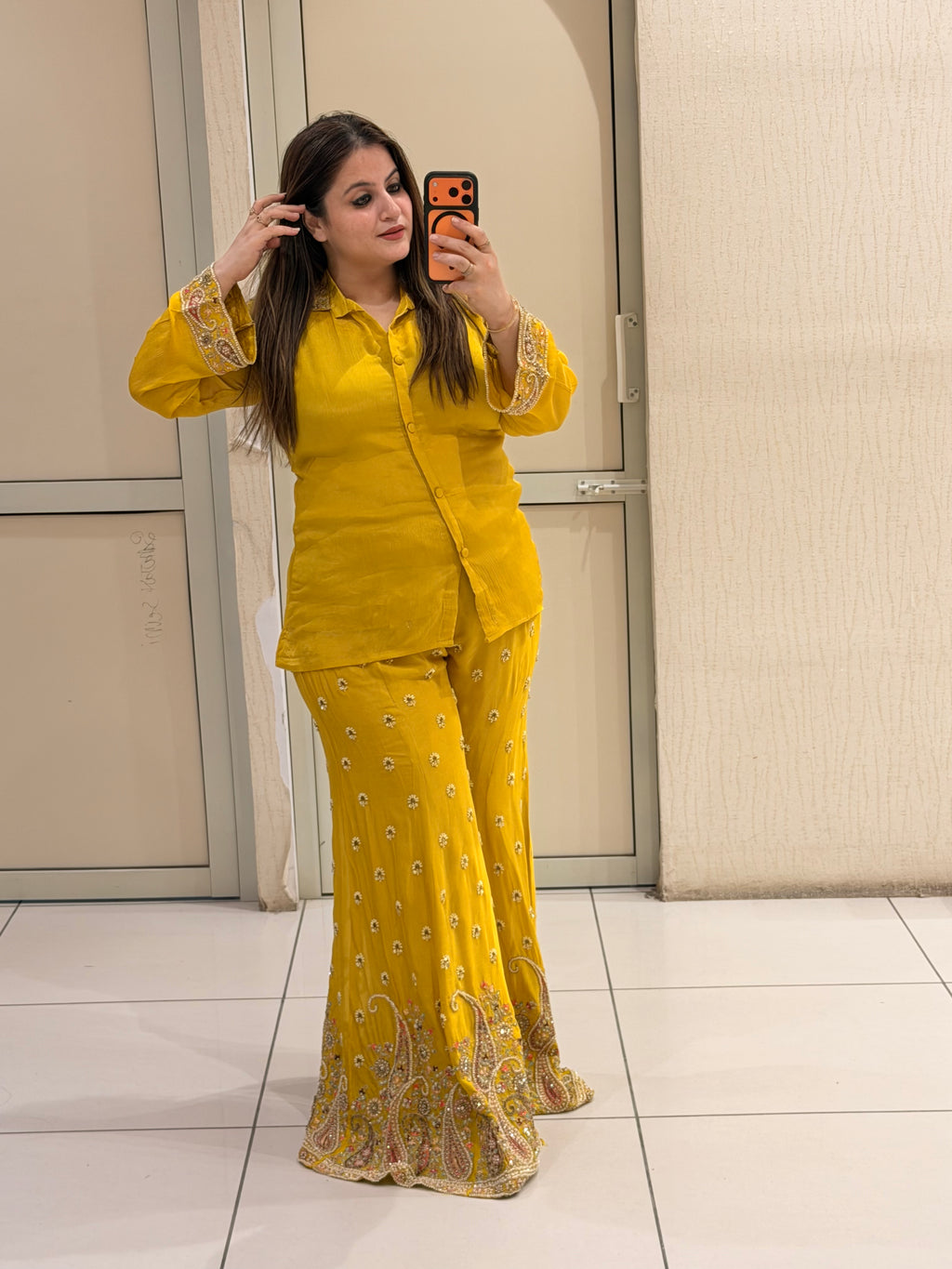 Mustard Yellow Chinon Handwork Two-Piece Co-ord Set