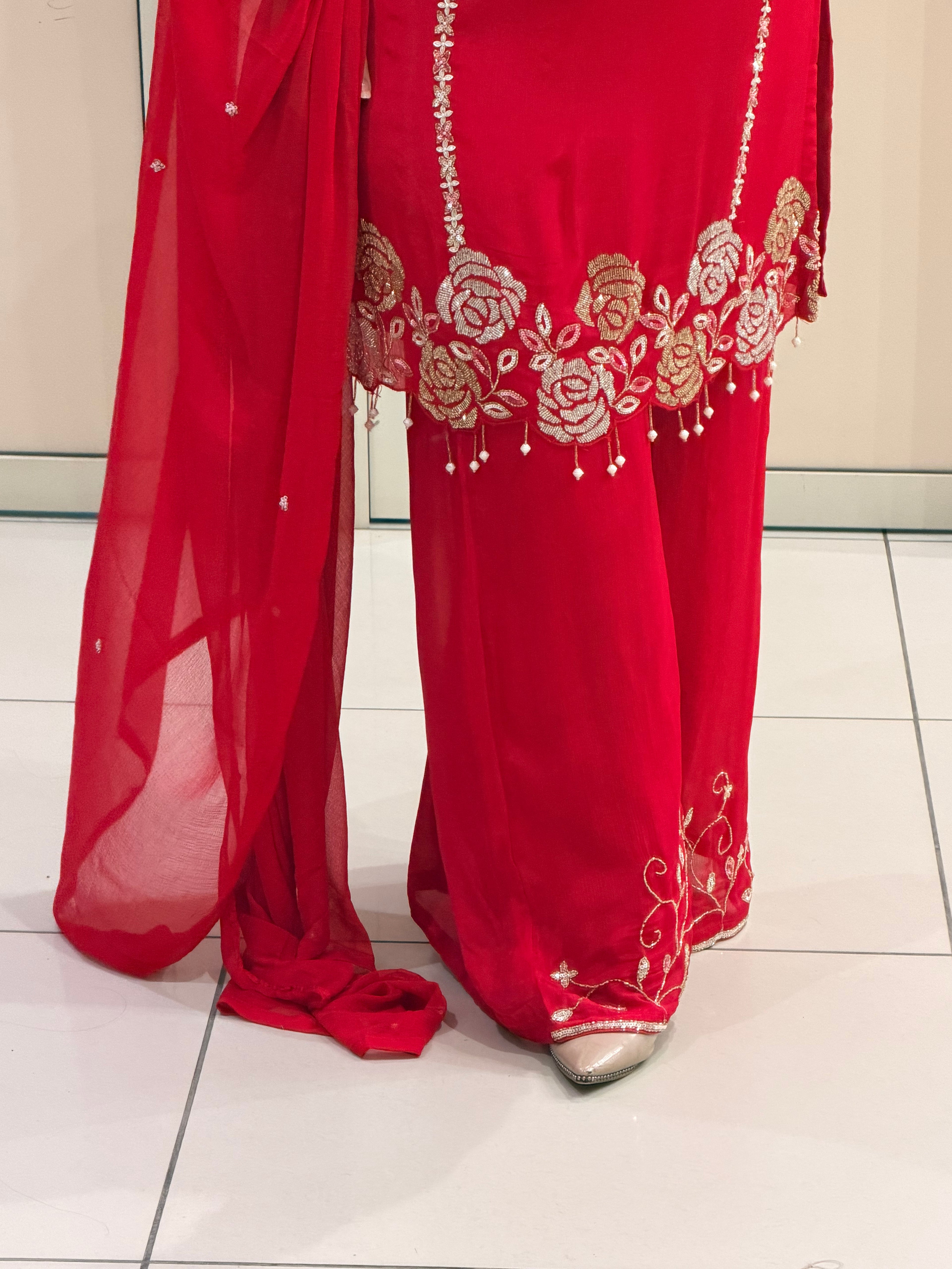 Hot Pink Designer Handwork Kurta Palazzo Set with Dupatta