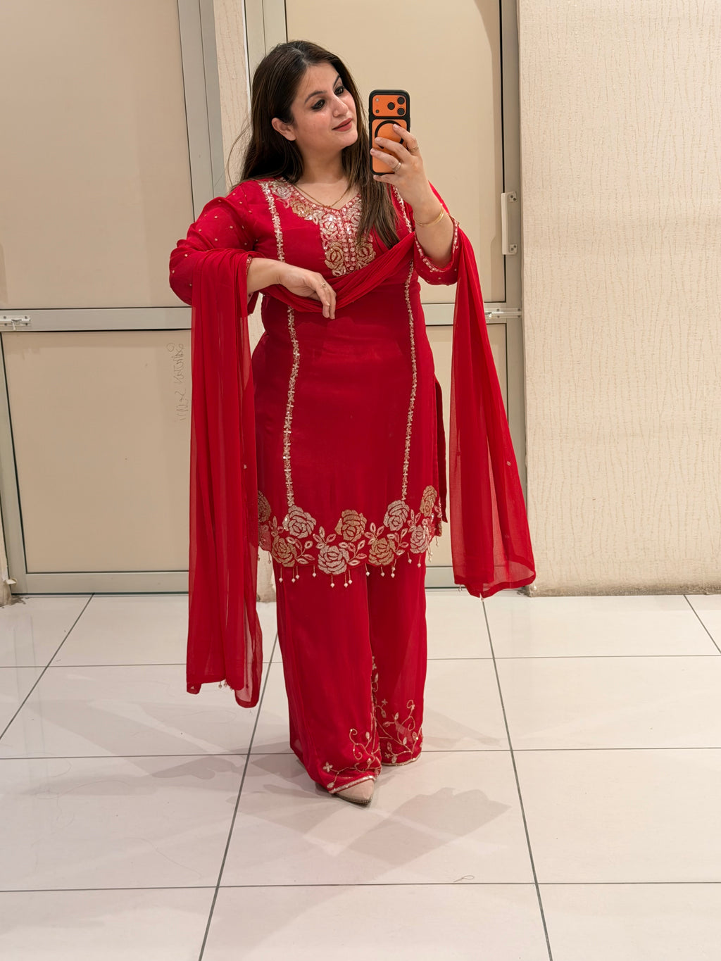 Hot Pink Designer Handwork Kurta Palazzo Set with Dupatta