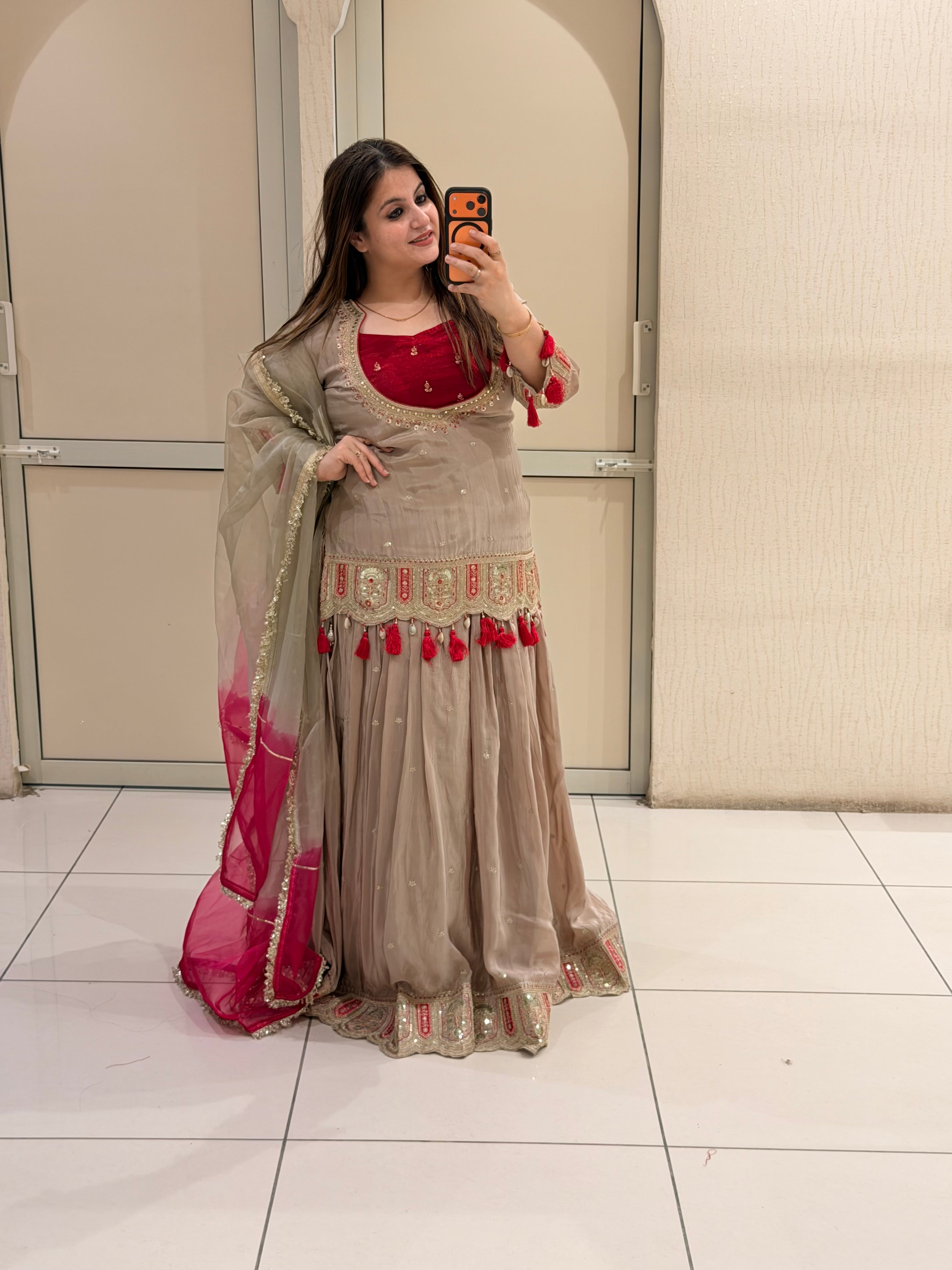 Beige Designer Bustier Lehenga Set