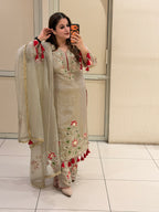 Grey Chinon Floral Handwork Party Wear Suit Set with Tassel Dupatta