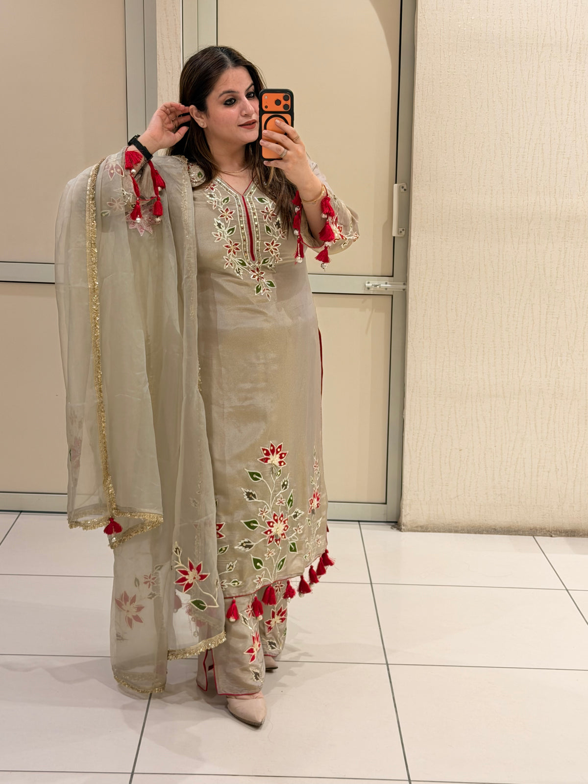 Grey Chinon Floral Handwork Party Wear Suit Set with Tassel Dupatta
