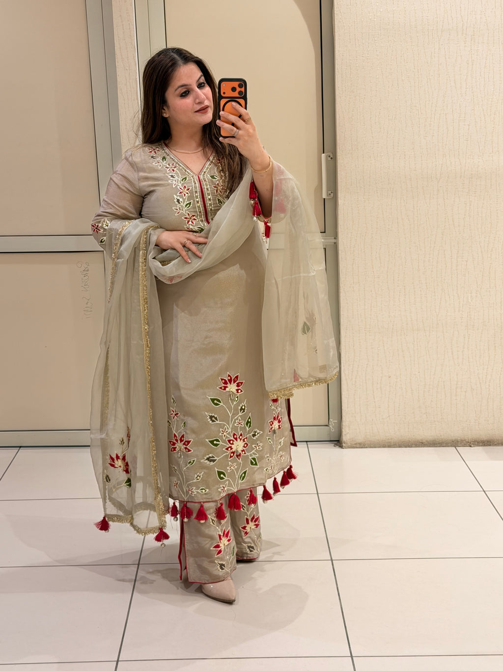 Grey Chinon Floral Handwork Party Wear Suit Set with Tassel Dupatta