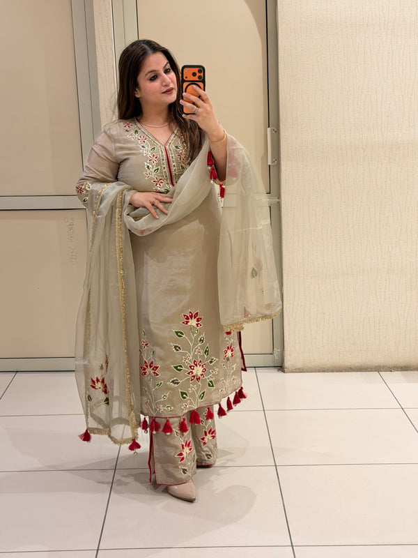 Grey Chinon Floral Handwork Party Wear Suit Set with Tassel Dupatta