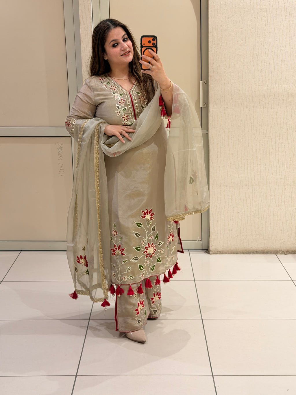 Grey Chinon Floral Handwork Party Wear Suit Set with Tassel Dupatta