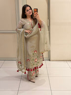 Grey Chinon Floral Handwork Party Wear Suit Set with Tassel Dupatta