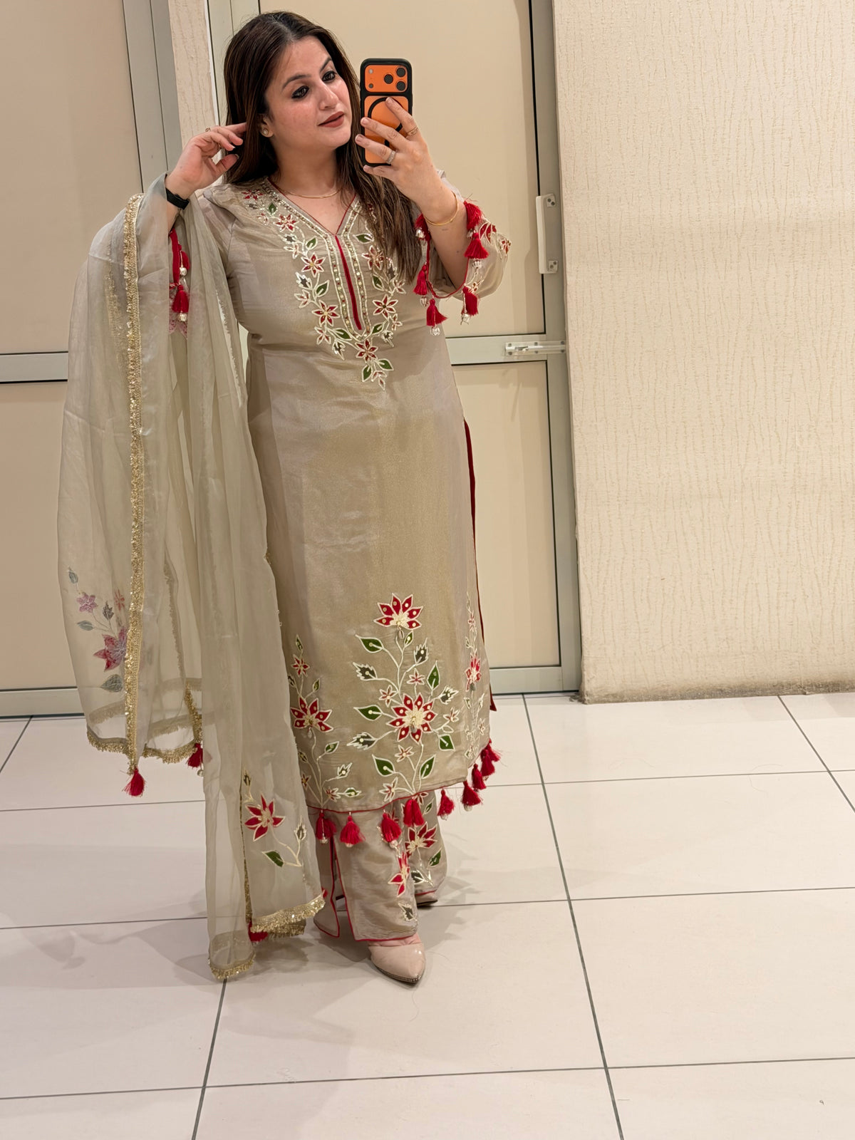 Grey Chinon Floral Handwork Party Wear Suit Set with Tassel Dupatta
