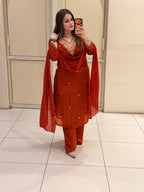 Red Chinon Embroidered Party Wear Suit Set